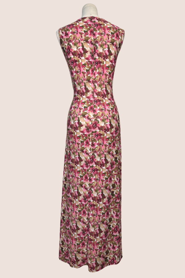Rouched Maxi Dress with Slit | Black/White Leaf, Pink/Mocha Floral