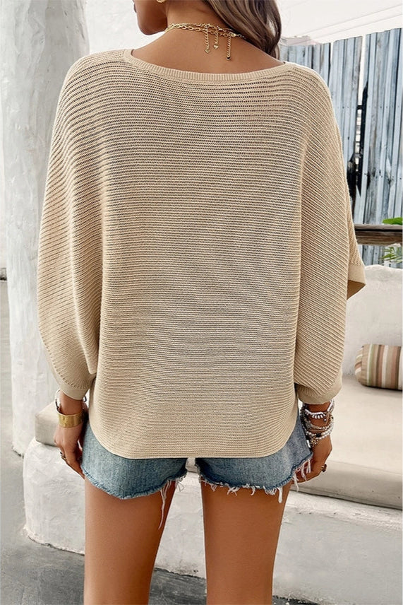 Solid V-Neck Knit Batwing Sleeve Top | Beige, White