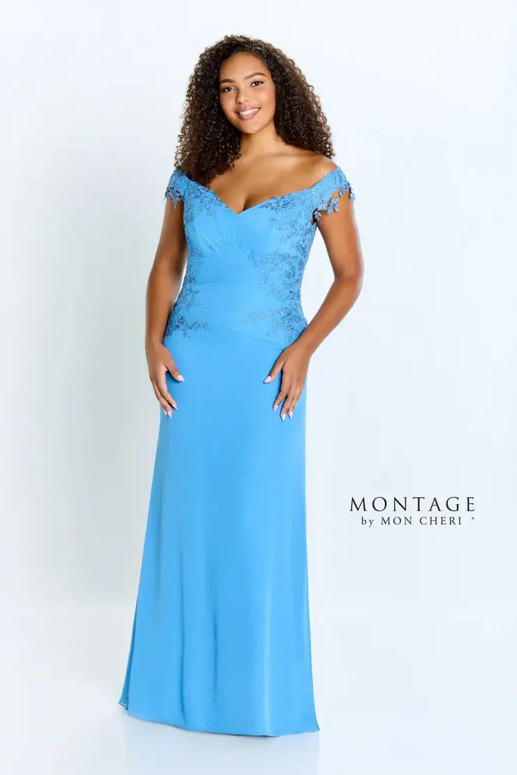 Montage 221964 Rouched Chiffon Off The Shoulder Gown With Lace Applique