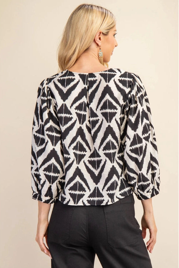 Bold Print V-Neck Top | Beige, Black