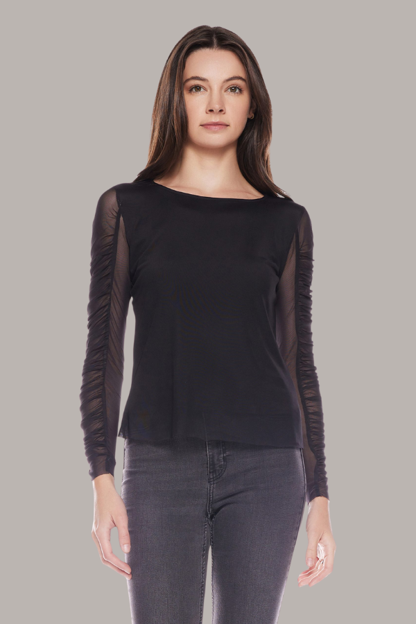 Ruched Sleeve Crew Neck Top | Black