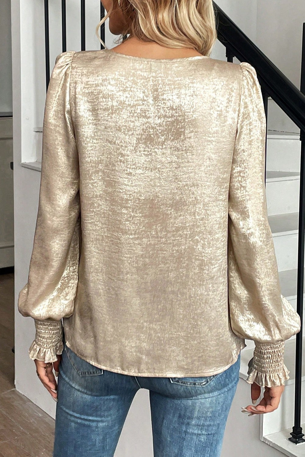 Metallic Shimmer Long-Sleeve Blouse | Apricot