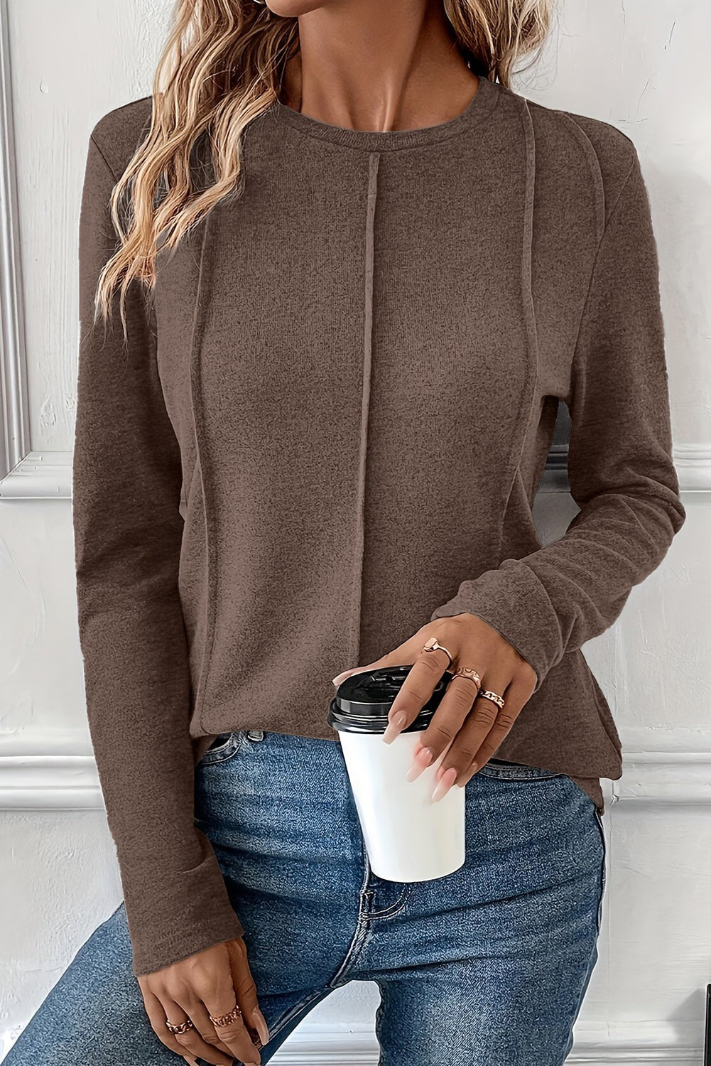 Dahlia Exposed Seam Crew Neck Top | Coffee, White, Black