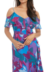 Cold  Shoulder Ruffle Wrap Maxi Dress | Blue/Jade