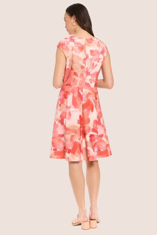 Hi-Neck Jersey Print Dress | Ivory/Coral