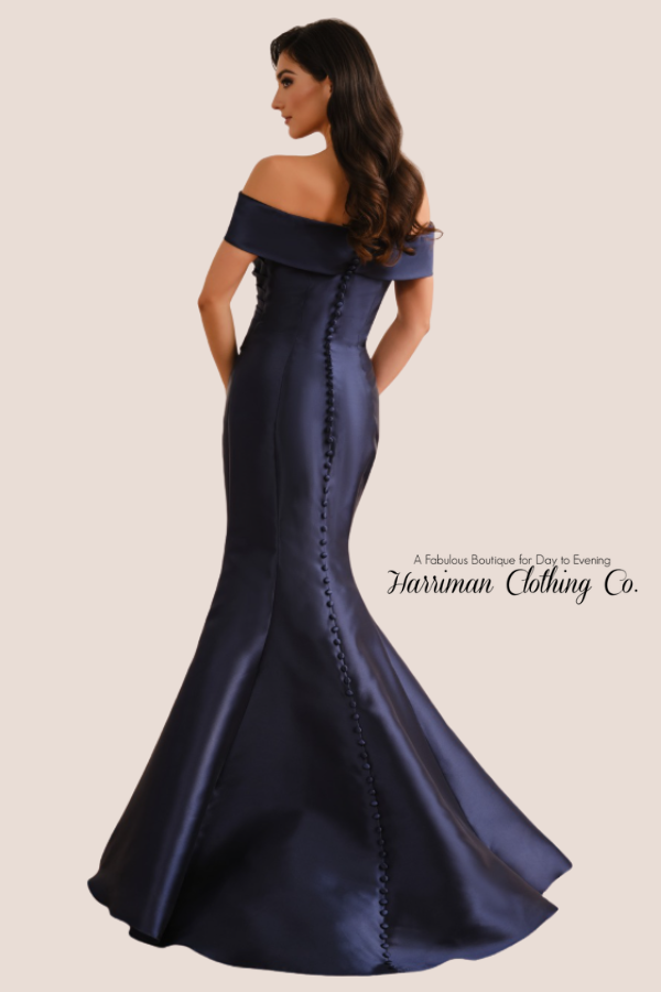 Off Shoulder Mikado Button Back Gown