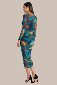 Watercolor Long-Sleeve Mesh Dress | Teal/Green