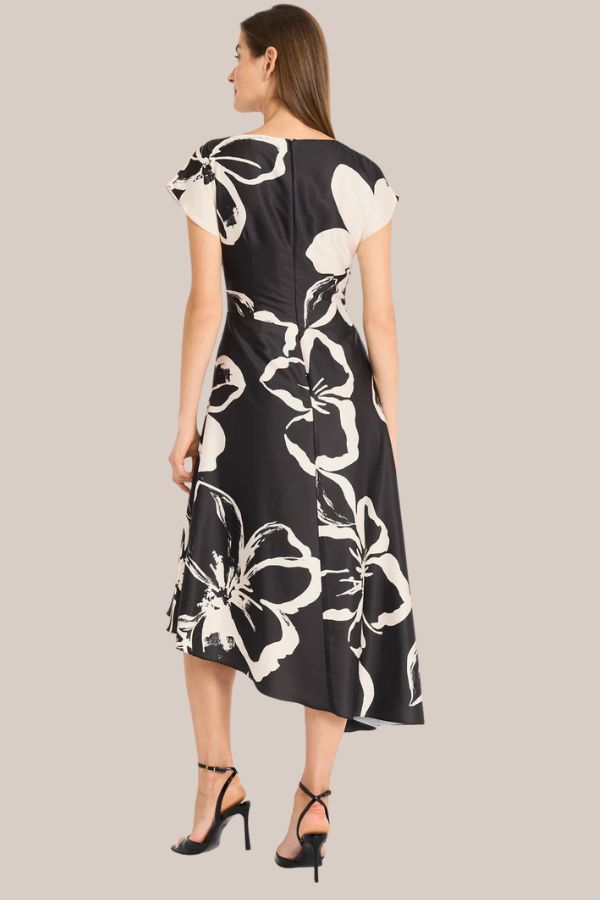 Cap Sleeve Drape Neck Floral Dress | Black/Cream