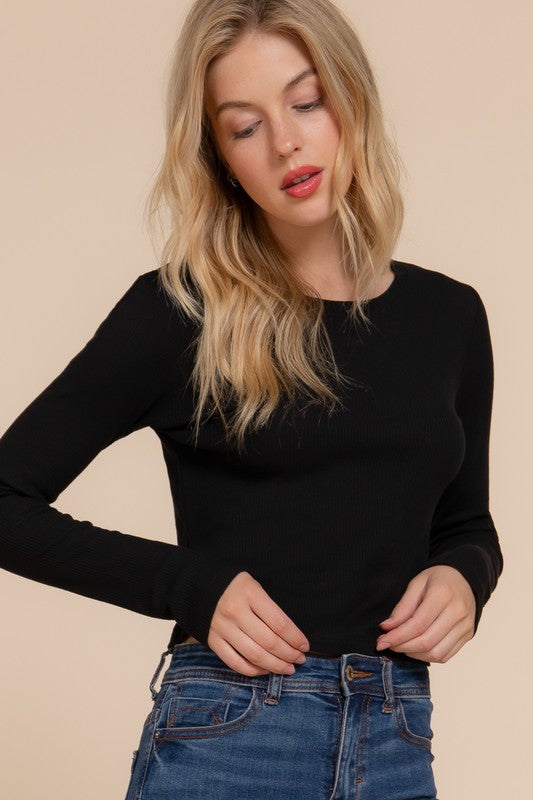 Crew Neck Thermal Crop Knit Top | Black, Red, White