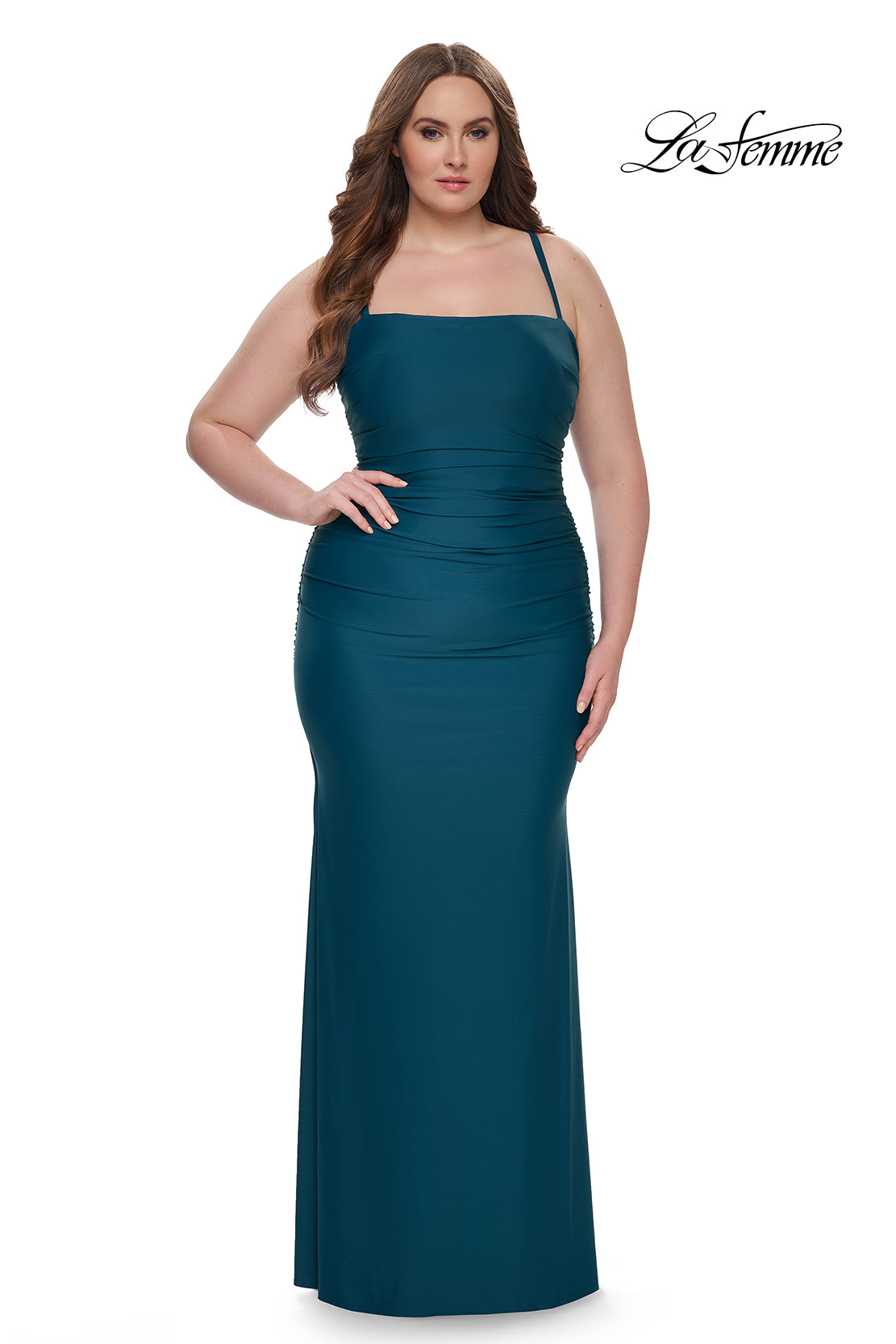 La Femme 32195 Ruched Jersey Gown w/ Lace-Up Back | Plus