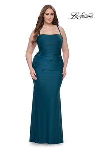 La Femme 32195 Ruched Jersey Gown w/ Lace-Up Back | Plus