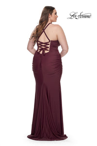 La Femme 32195 Ruched Jersey Gown w/ Lace-Up Back | Plus