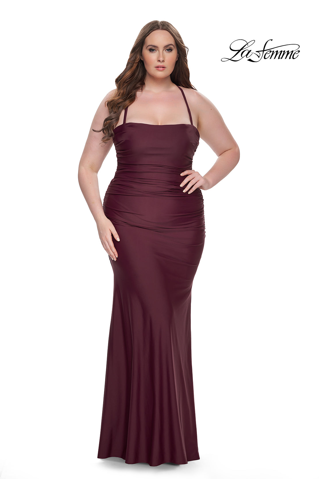 La Femme 32195 Ruched Jersey Gown w/ Lace-Up Back | Plus