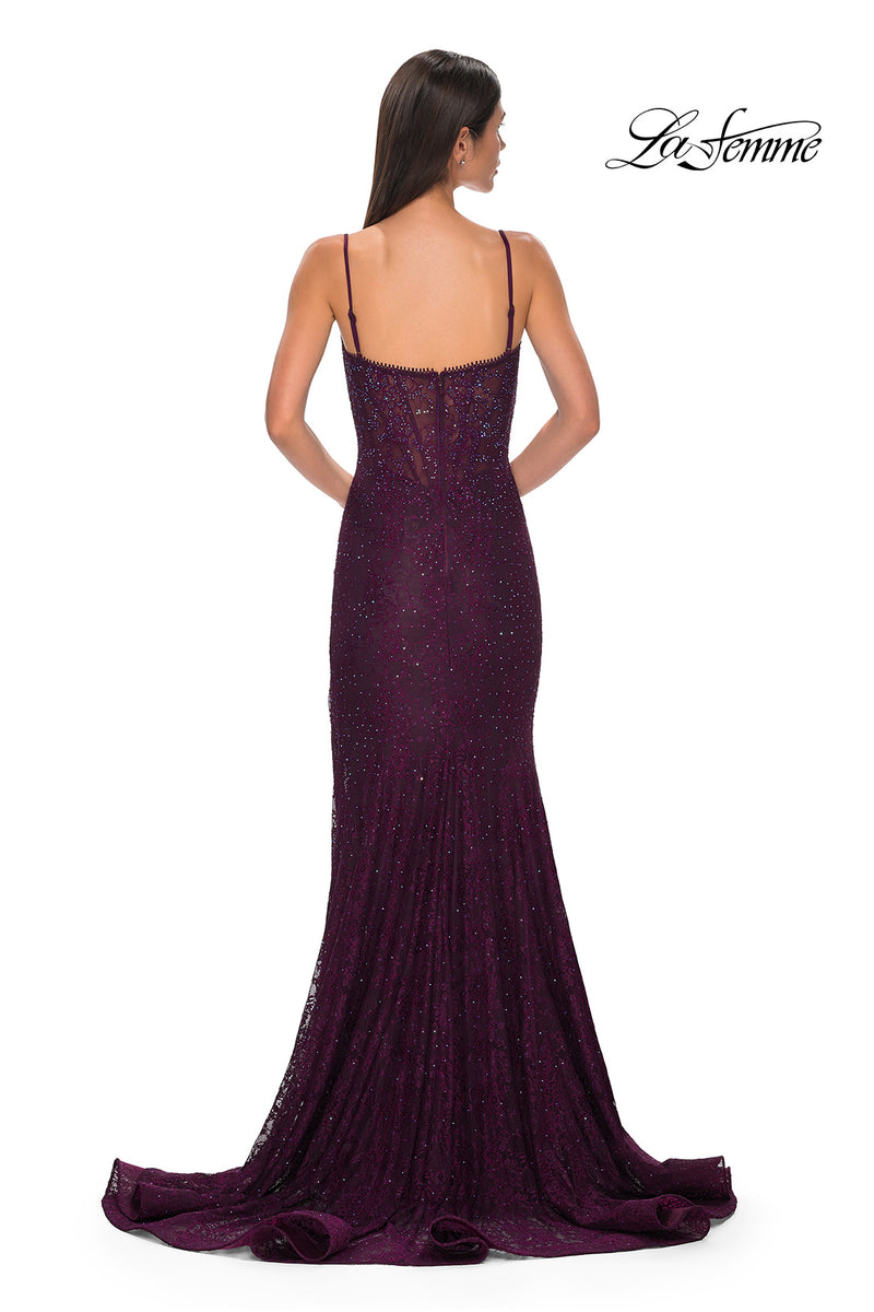 LaFemme 32671 Glitter & Lace Corset Back Gown w/ Slit | Dark Berry Harriman Clothing Co. LaFemme 32671 Glitter & Lace Corset Back Gown w/ Slit | Dark Berry Harriman Clothing Co.