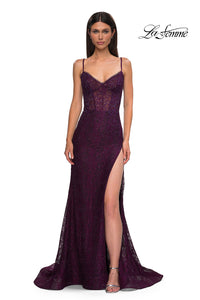 LaFemme 32671 Glitter & Lace Corset Back Gown w/ Slit | Dark Berry