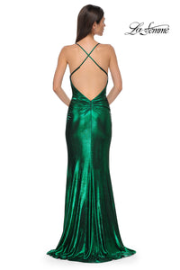 LaFemme 32782 Metallic Drape Jersey Gown w/ Slit | Emerald