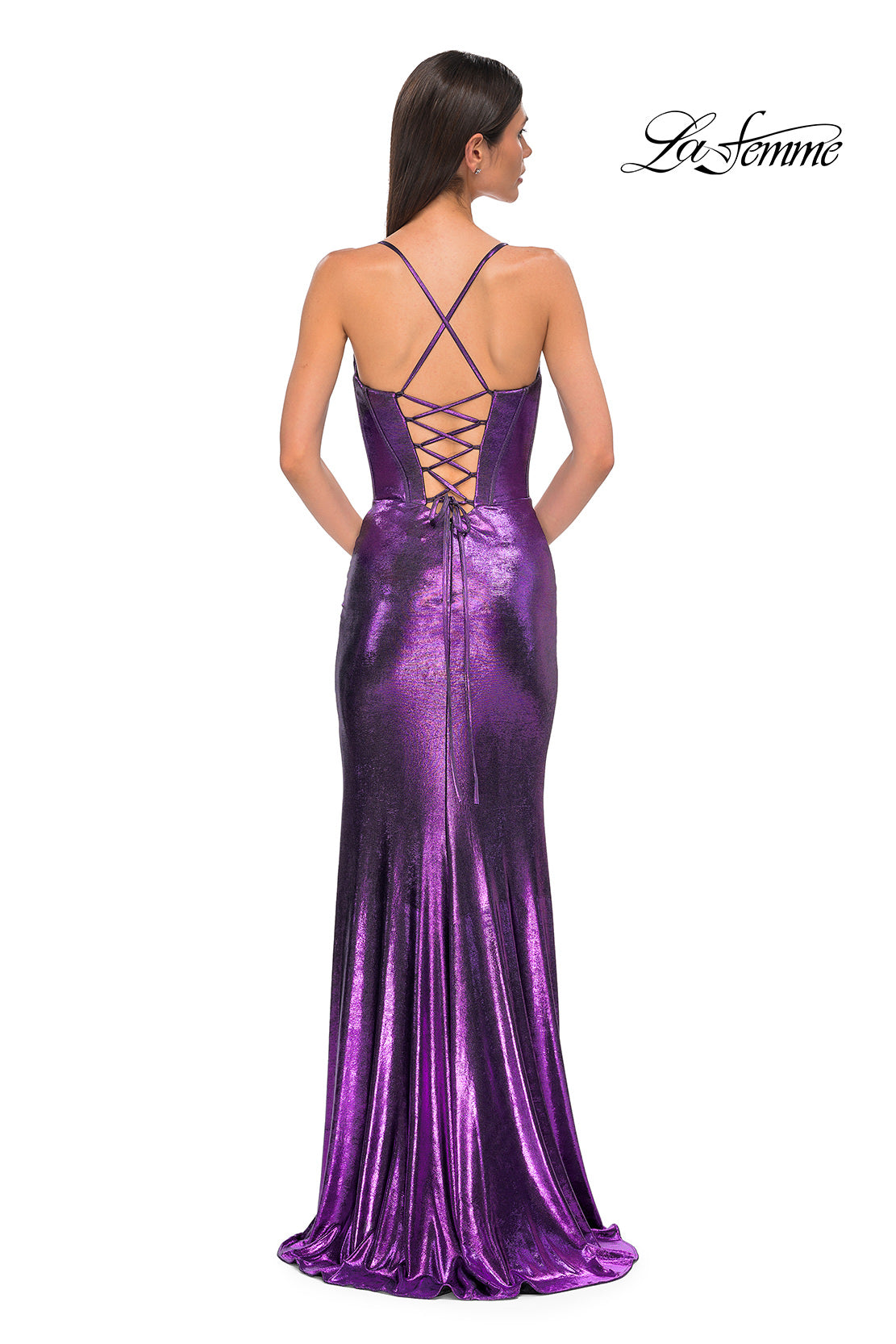 LaFemme 32877 Metallic Jersey Gown w/ Slit and X-Back