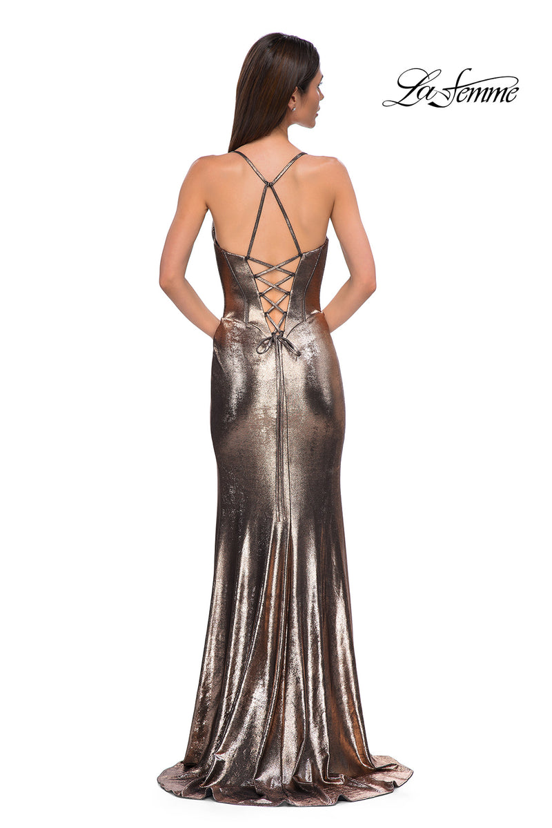 LaFemme 32877 Metallic Jersey Gown w/ Slit and X-Back