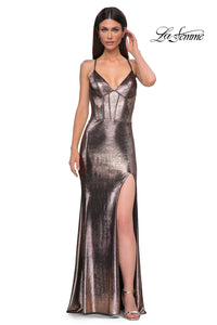 LaFemme 32877 Metallic Jersey Gown w/ Slit and X-Back