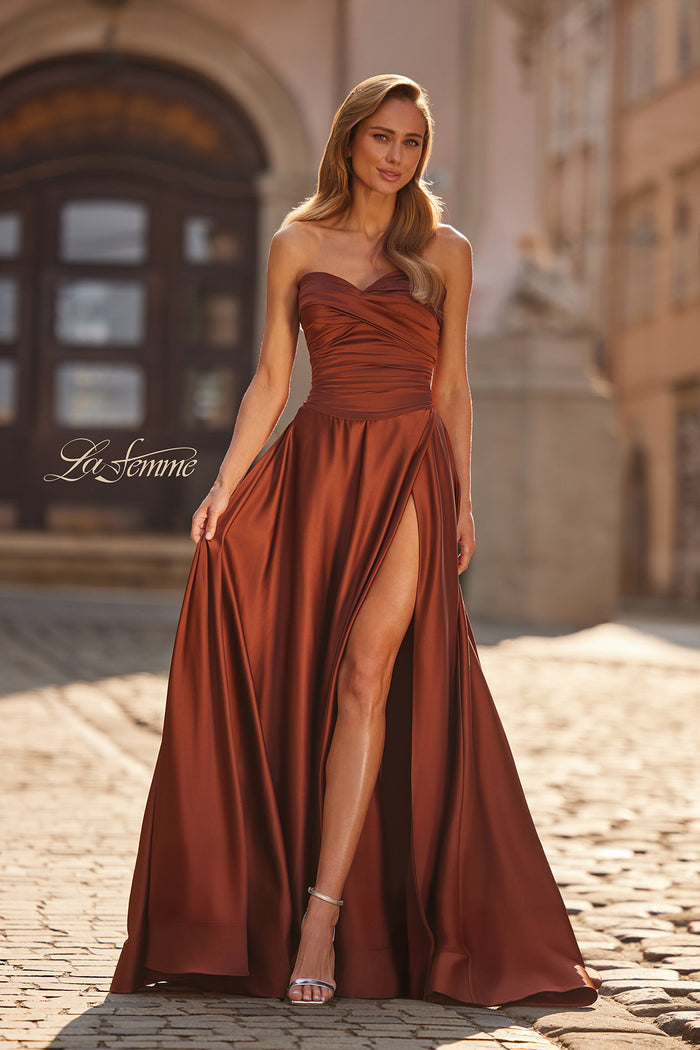 LaFemme 33417 Satin Strapless Gown with Slit