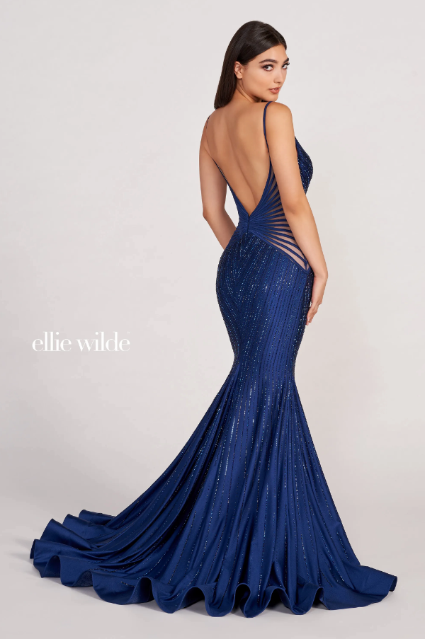 Ellie Wilde 34002 Stretch Satin Rhinestone Fit & Flare Gown