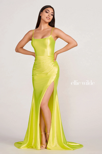 Ellie Wilde 34120 Stretch Satin Rouched Gown With LEg Slit | Multiple Colors