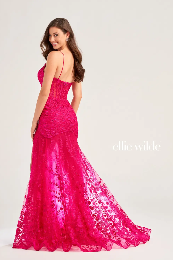 Ellie Wilde 35005 Lace Bustier Fit & flare Gown With Slit