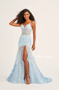 Ellie Wilde 35005 Lace Bustier Fit & flare Gown With Slit
