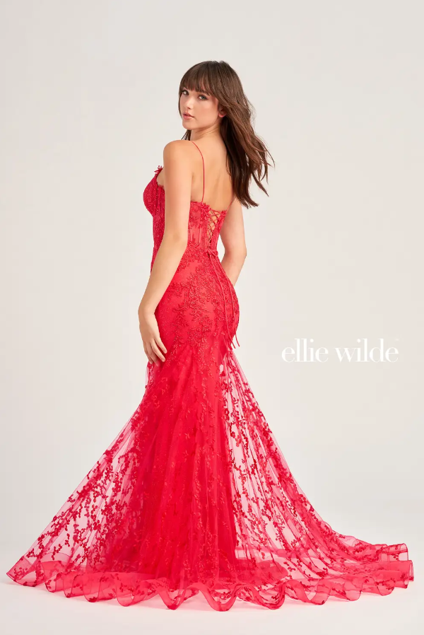 Ellie Wilde 35010 Lace Bustier Style Gown With Godet Skirt