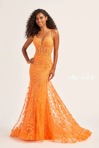 Ellie Wilde 35010 Lace Bustier Style Gown With Godet Skirt