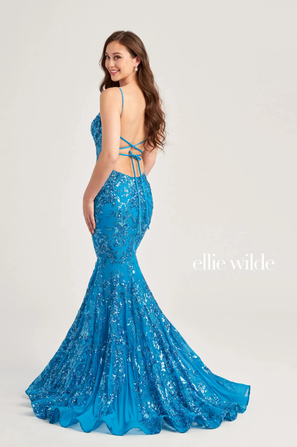 Ellie Wilde 35011 Beaded/Sequin Fit & Flare Gown With Lace Up Back | Multiple Colors