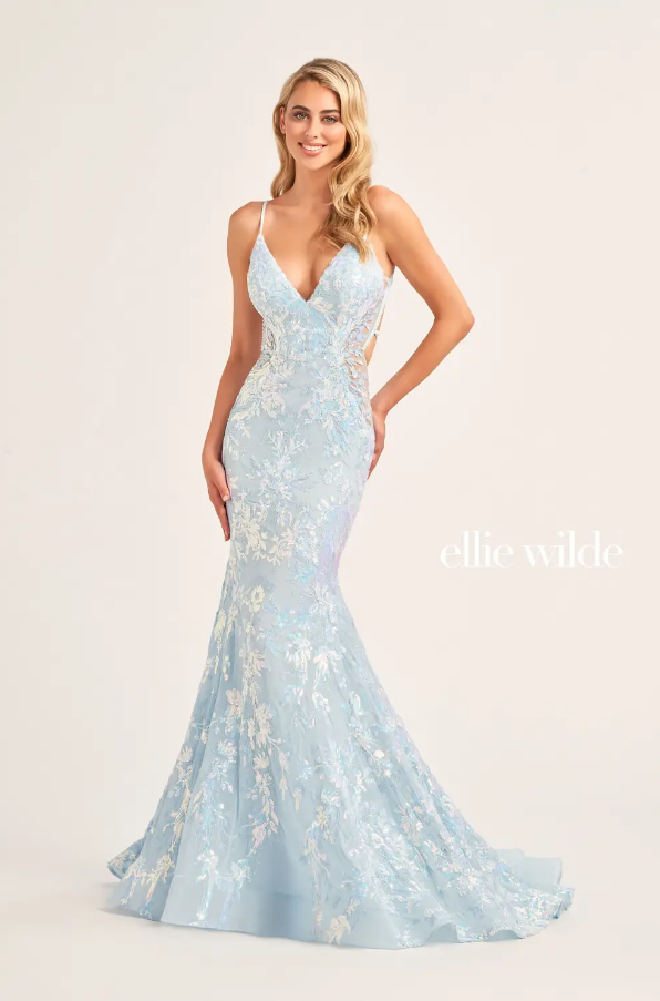 Ellie Wilde 35011 Beaded/Sequin Fit & Flare Gown With Lace Up Back | Multiple Colors
