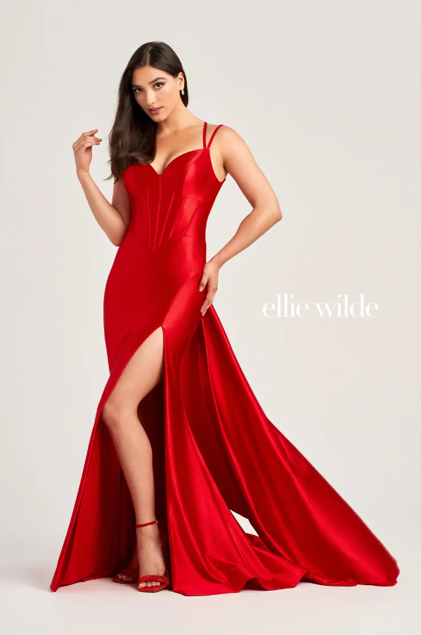 Ellie Wilde 35212 Stretch Satin Gown With Open Back