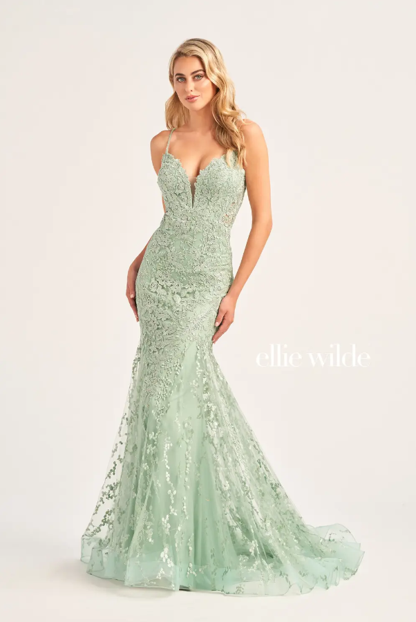 Ellie Wilde 35221 Fit & Flare Beaded Lace Gown