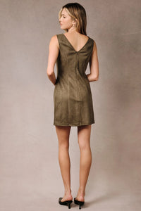 Sleeveless Faux Suede Boat Neck Mini Dress | Dark Olive