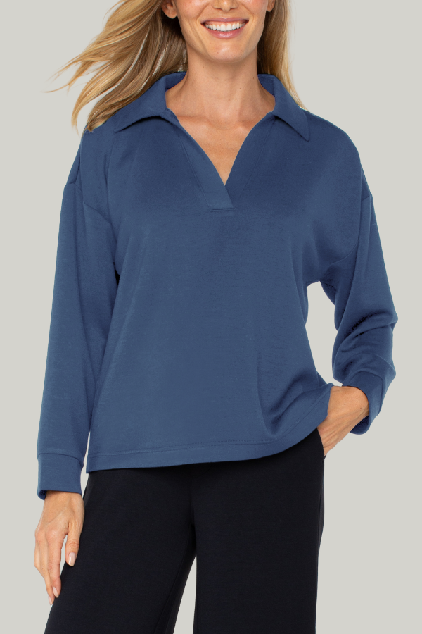 Long Sleeve V-neck with Popover Collar | Prussian Blue, Black