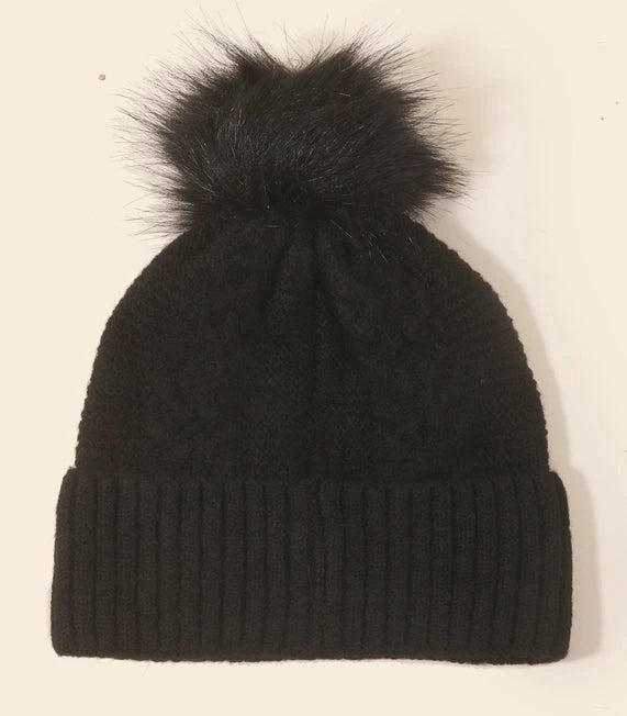 Crochet Knit Pom Pom Beanie | Black, Camel