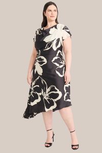 Cap Sleeve Drape Neck Floral Dress | Black/Cream