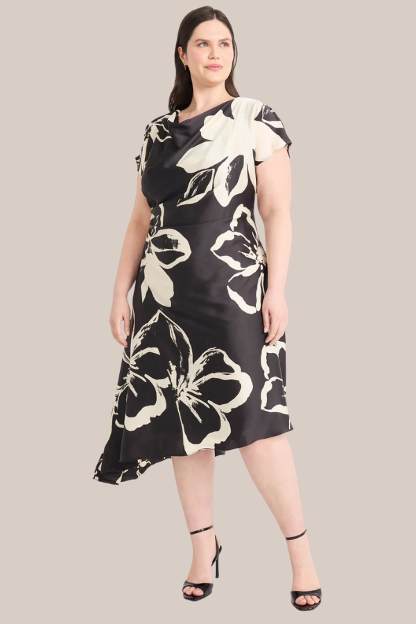 Cap Sleeve Drape Neck Floral Dress | Black/Cream