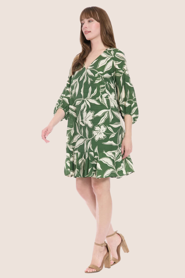 Long Sleeve Batik Short Dress | Olive Cream