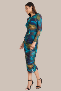 Watercolor Long-Sleeve Mesh Dress | Teal/Green