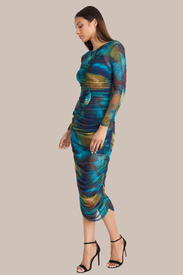 Watercolor Long-Sleeve Mesh Dress | Teal/Green