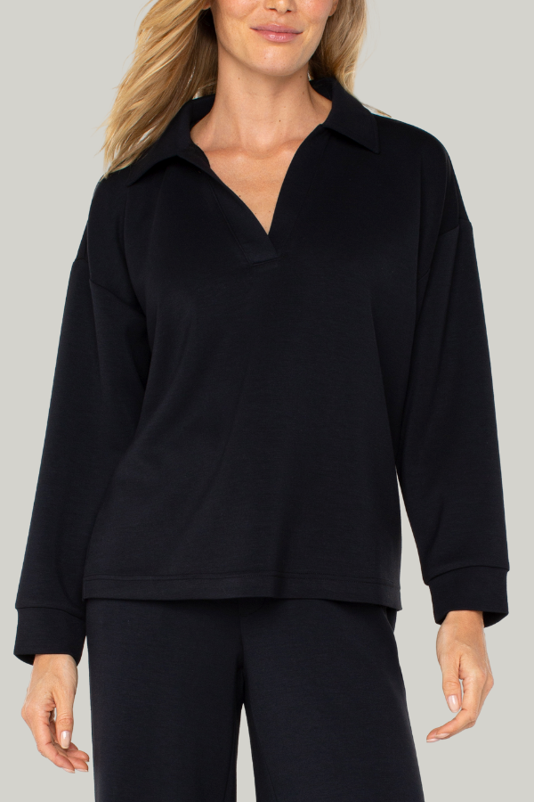 Long Sleeve V-neck with Popover Collar | Prussian Blue, Black