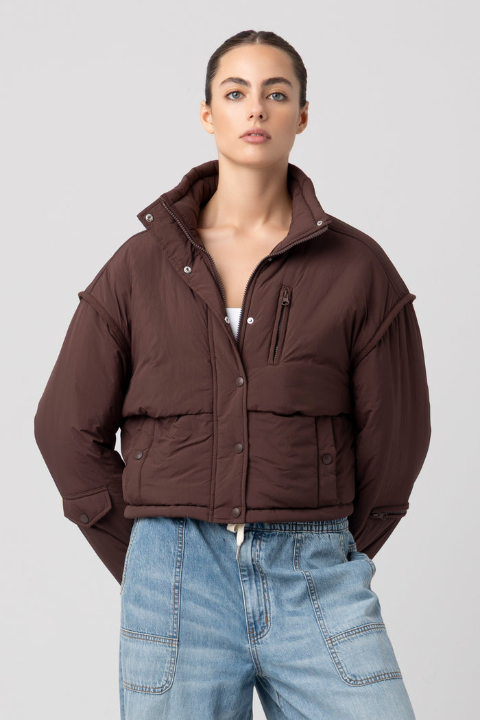 Cargo Pocket Crop Puffer Jacket | Brown
