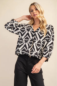 Bold Print V-Neck Top | Beige, Black