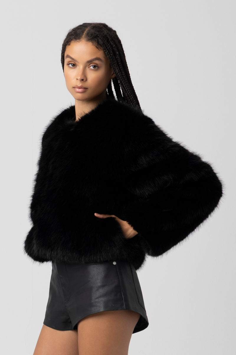 Collarless Fur Jacket | Black, Sand