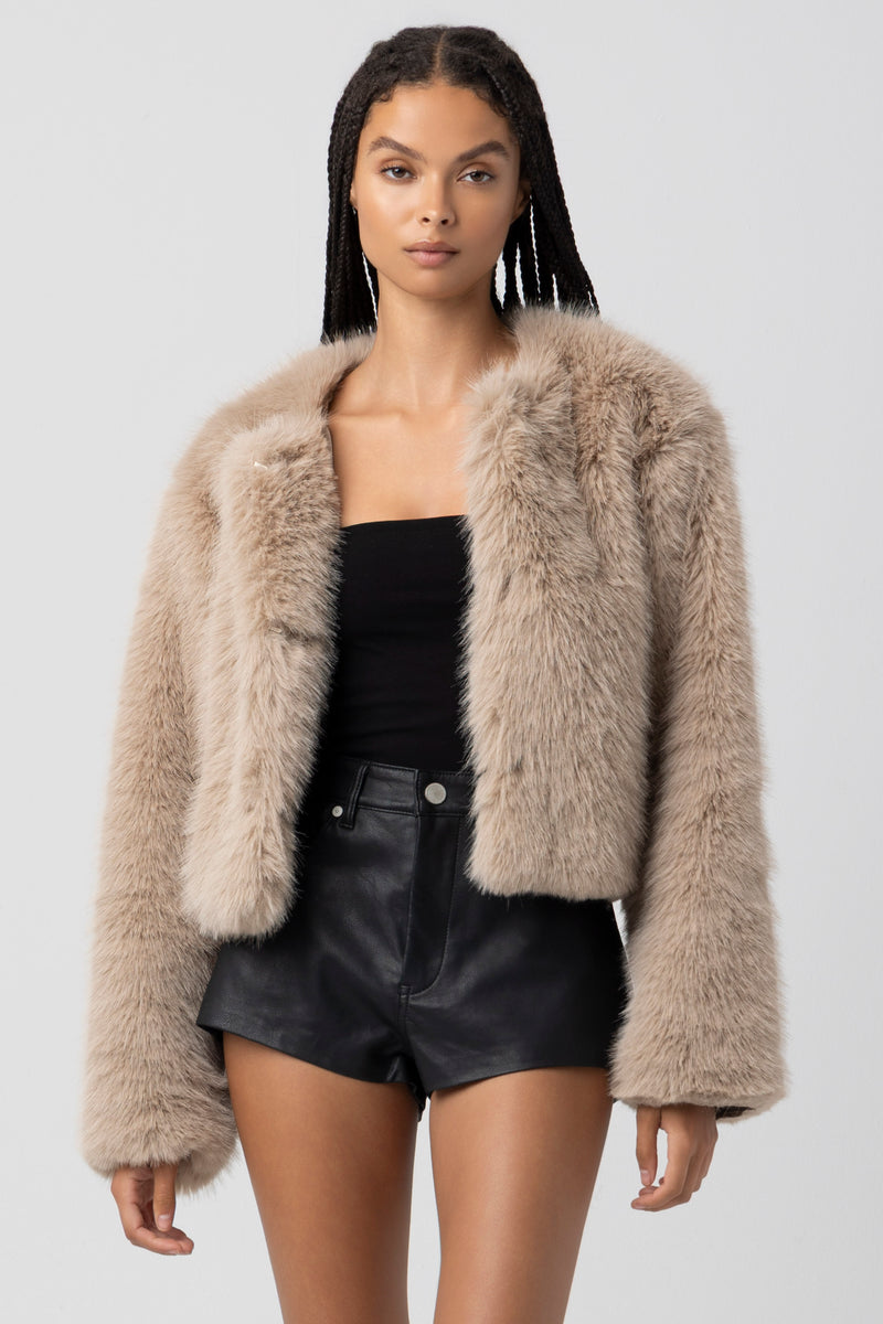 Collarless Fur Jacket | Black, Sand