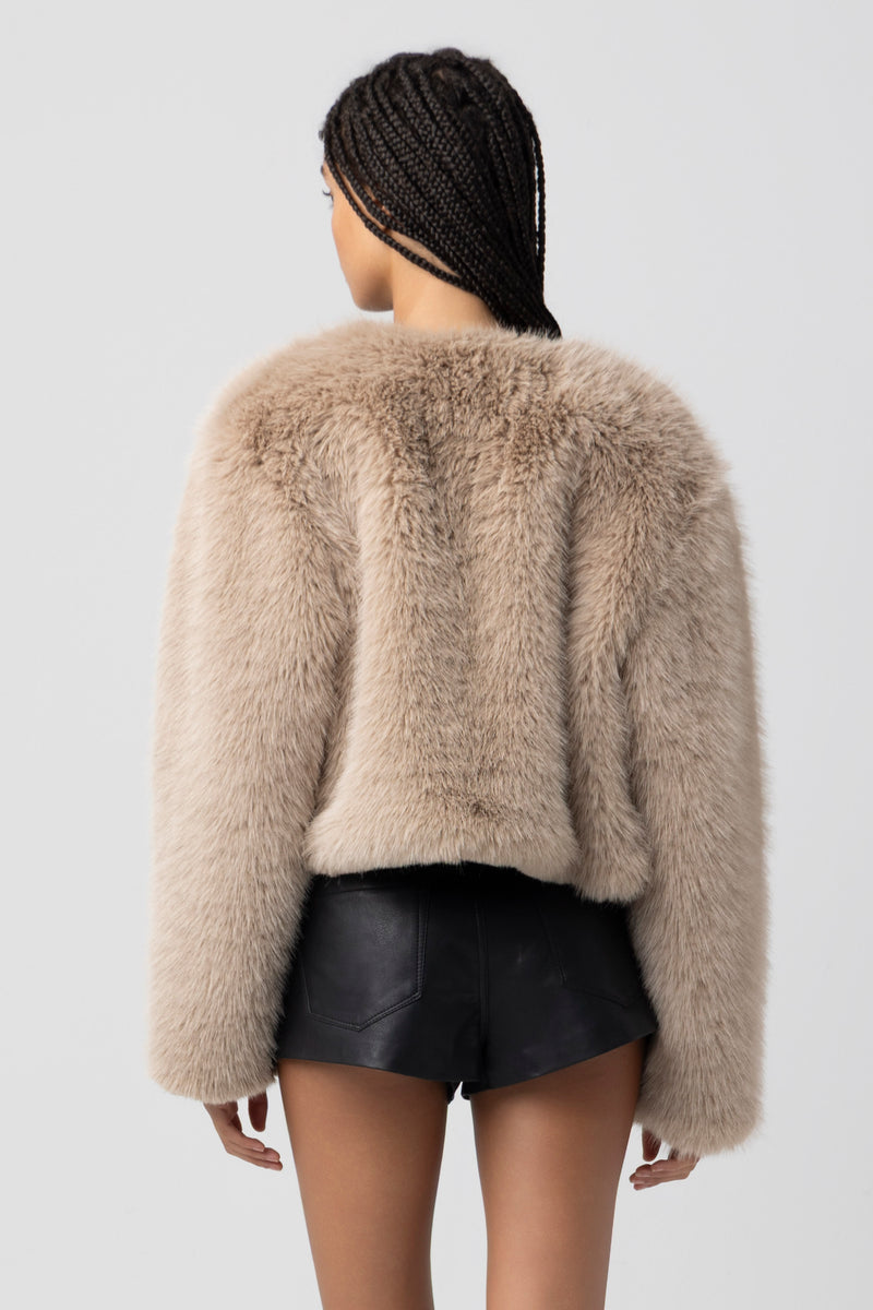Collarless Fur Jacket | Black, Sand