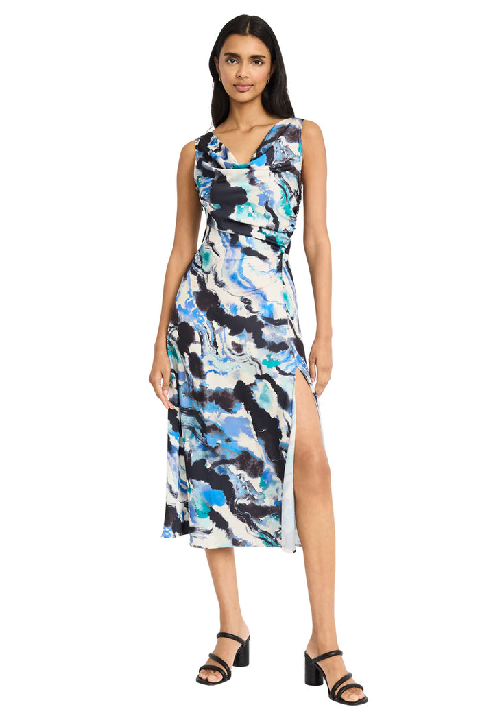 Sleeveless Watercolor Draped Satin Dress | Cream/Navy