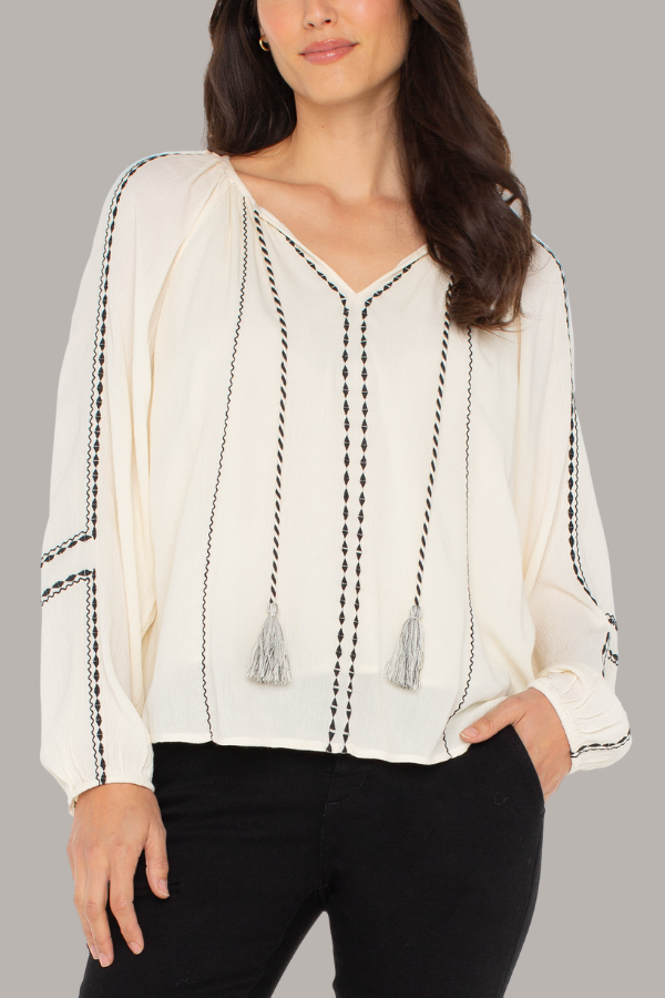 Long Sleeve Woven Raglan Top | Alabaster w/ Black Embroidery